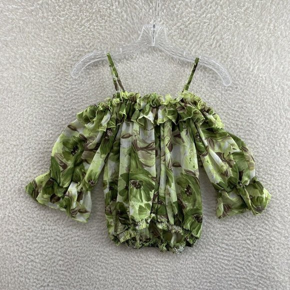 Haas Green Tropical Floral Mesh Ruffle Cold Shoulder Top Womens M Medium - Picture 1 of 9